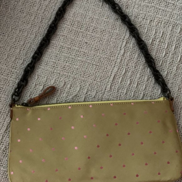 Vintage J. Crew Green with Pink Polka Dot Silk Clutch with Chain - Picture 10 of 10